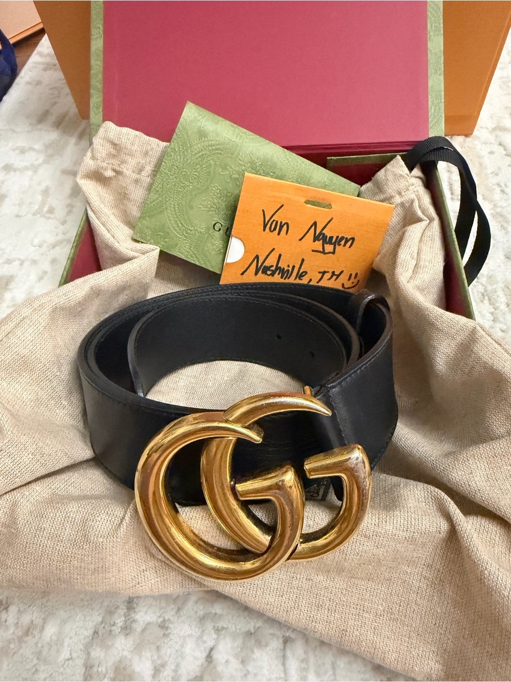 Gucci Black Leather Double G Belt with Gold Buckle